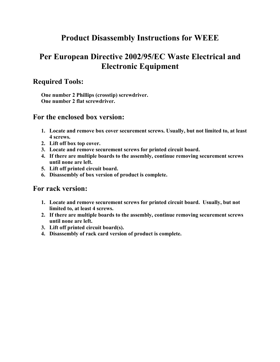 Required tools, For the enclosed box version, For rack version | Interlogix VR7800 Series User Manual | Page 8 / 9