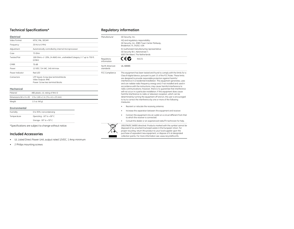 Regulatory information, Technical specifications, Included accessories | Interlogix VTP-1A Series User Manual | Page 2 / 2