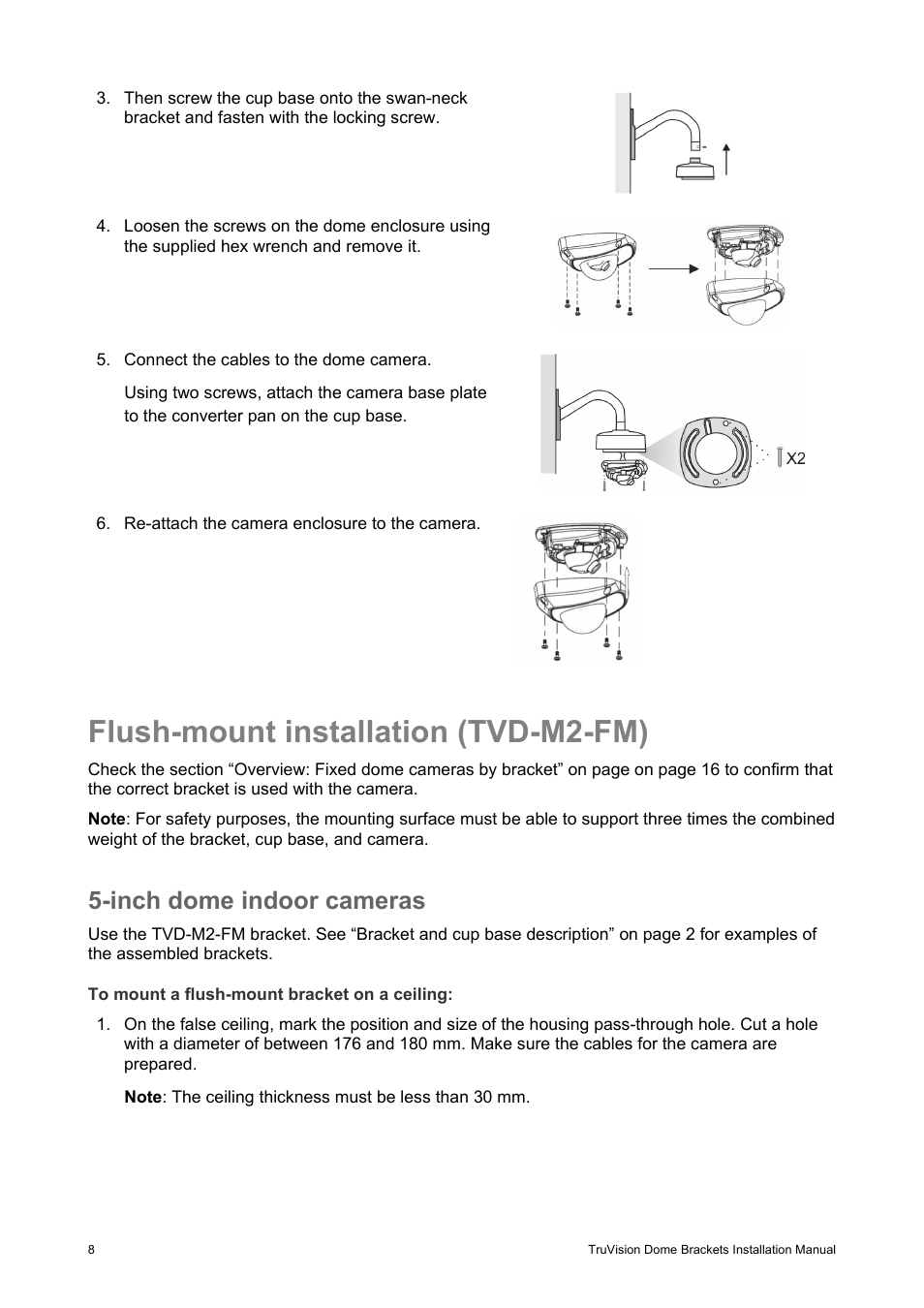 Flush-mount installation (tvd-m2-fm), Inch dome indoor cameras | Interlogix TruVision Camera Mounts User Manual | Page 10 / 20