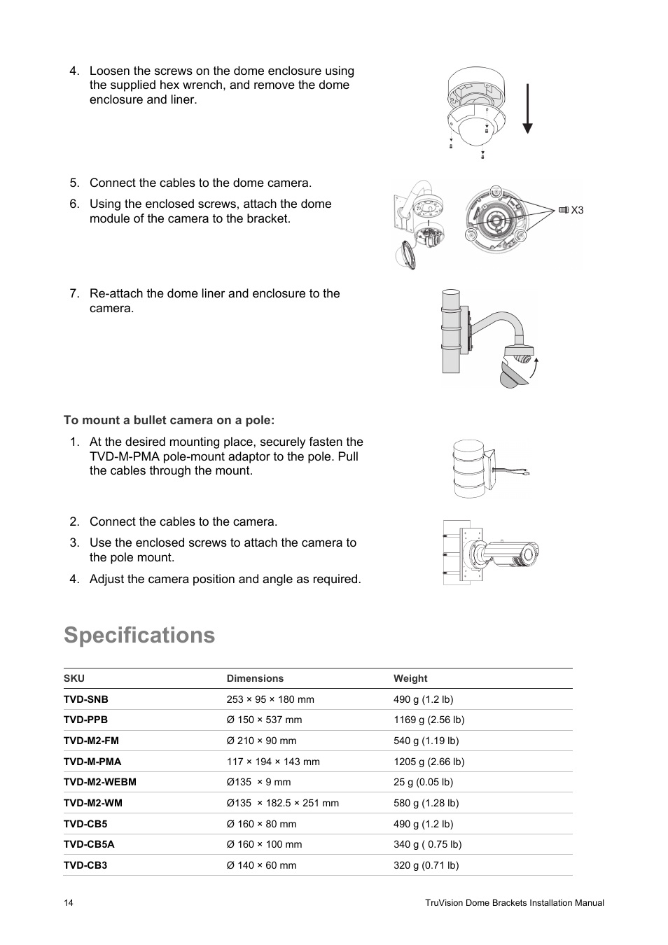 Specifications | Interlogix TruVision Camera Mounts User Manual | Page 16 / 20