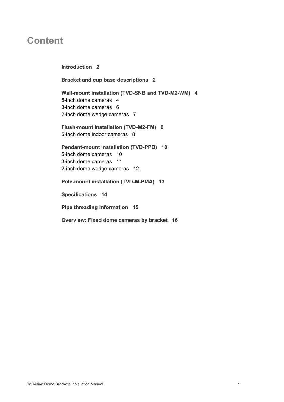 Content | Interlogix TruVision Camera Mounts User Manual | Page 3 / 20