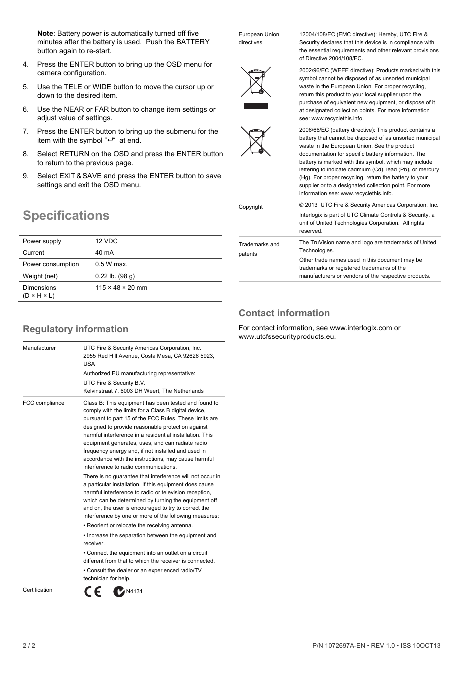 Specifications, Regulatory information, Contact information | Interlogix TVS-C100 User Manual | Page 2 / 2