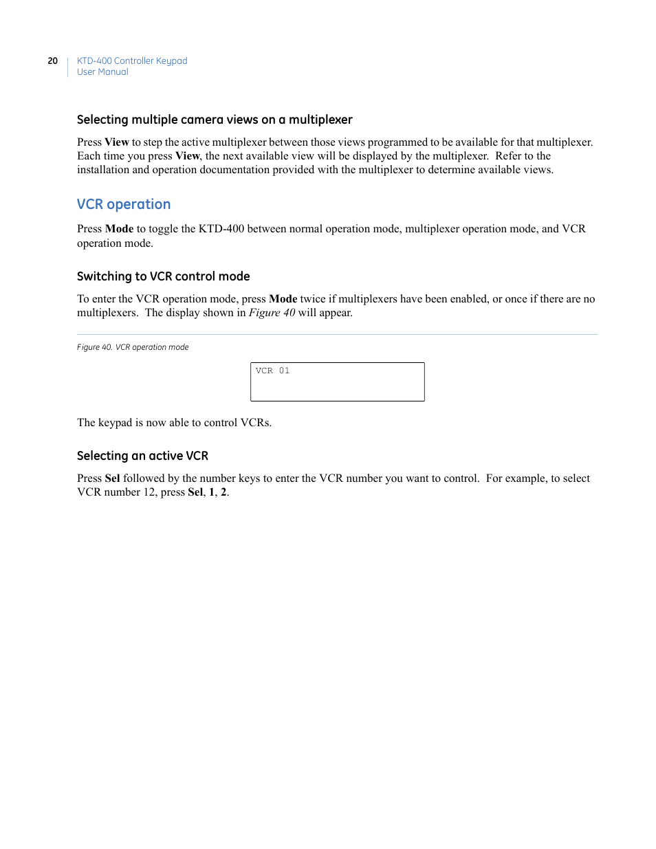 Vcr operation | Interlogix KTD-400 User Manual | Page 24 / 28