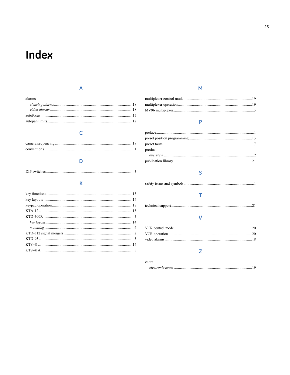 Index | Interlogix KTD-400 User Manual | Page 27 / 28