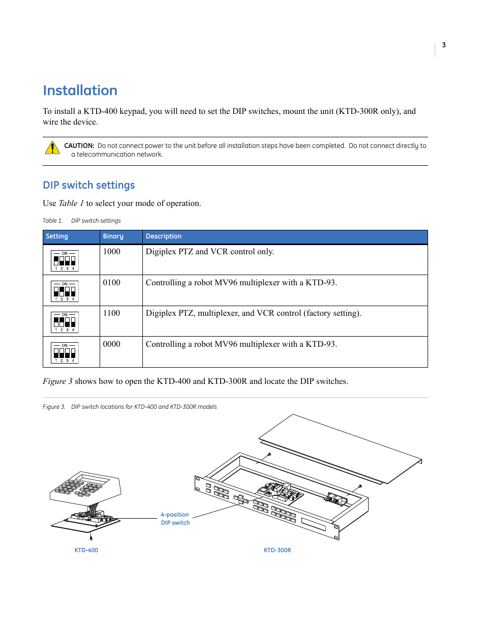 Installation, Dip switch settings | Interlogix KTD-400 User Manual | Page 7 / 28