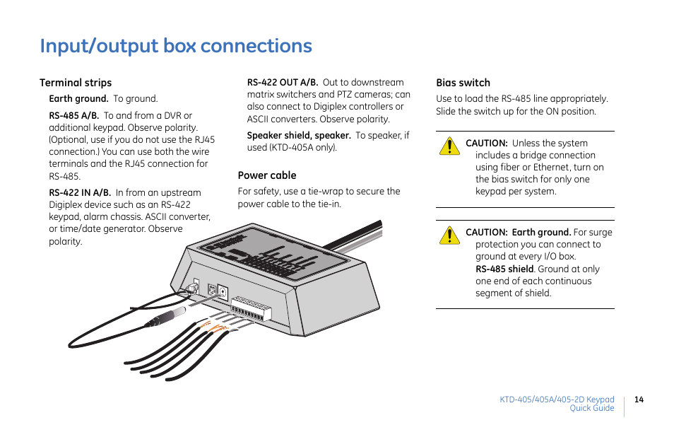 Input/output box connections | Interlogix KTD-405 Series Quick Guide User Manual | Page 14 / 16