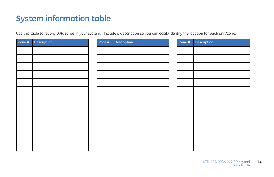 E the, System, Information table | System information table | Interlogix KTD-405 Series Quick Guide User Manual | Page 16 / 16