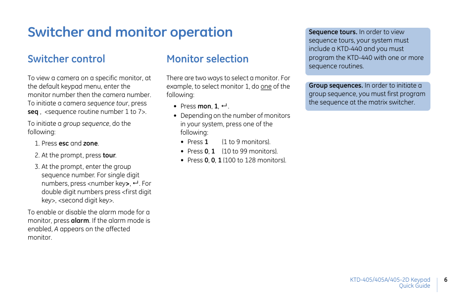 Switcher and monitor operation, Switcher control, Monitor selection | Interlogix KTD-405 Series Quick Guide User Manual | Page 6 / 16