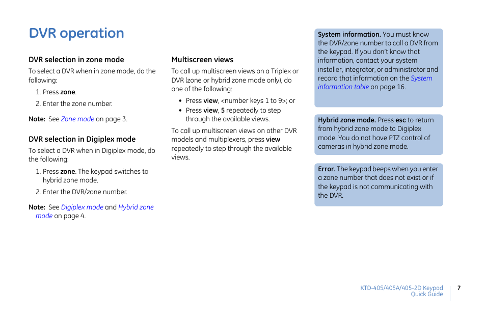 Dvr operation | Interlogix KTD-405 Series Quick Guide User Manual | Page 7 / 16