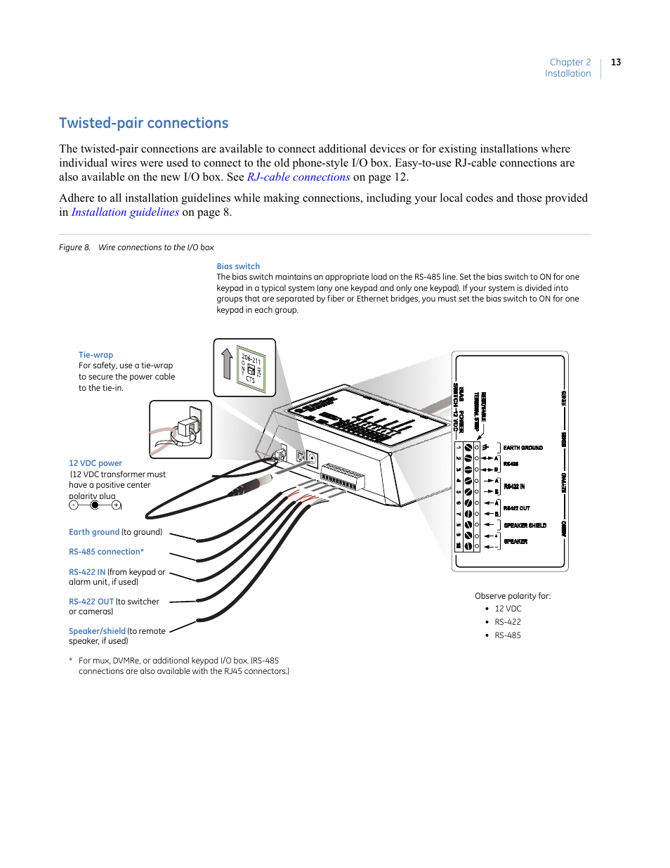 Twisted-pair connections, Figure 8. wire connections to the i/o box, And utp for rs-422), if desired. see | Interlogix KTD-405 Series User Manual User Manual | Page 17 / 76