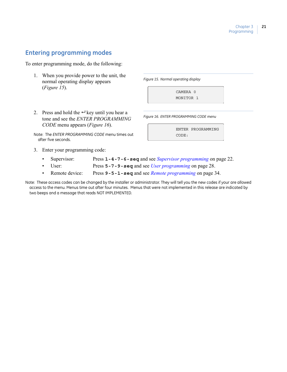 Entering programming modes, Figure 15. normal operating display, Figure 16. enter programming code menu | Interlogix KTD-405 Series User Manual User Manual | Page 25 / 76