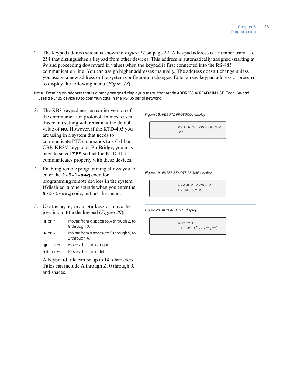 Figure 18. kb3 ptz protocol display, Figure 19. enter remote prgmg display, Figure 20. keypad title display | Interlogix KTD-405 Series User Manual User Manual | Page 27 / 76