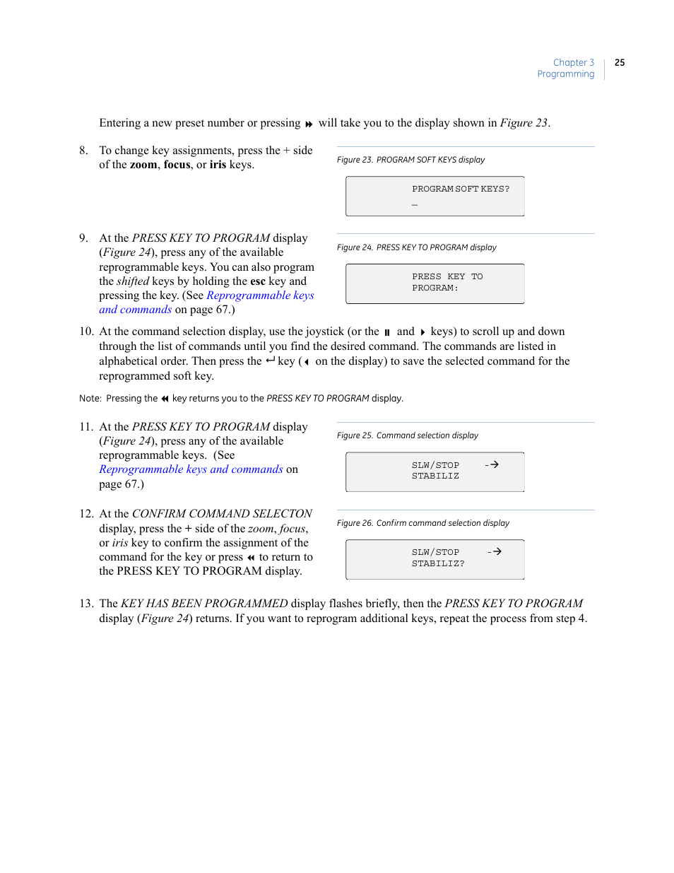 Figure 23. program soft keys display, Figure 24. press key to program display, Figure 25. command selection display | Figure 26. confirm command selection display | Interlogix KTD-405 Series User Manual User Manual | Page 29 / 76
