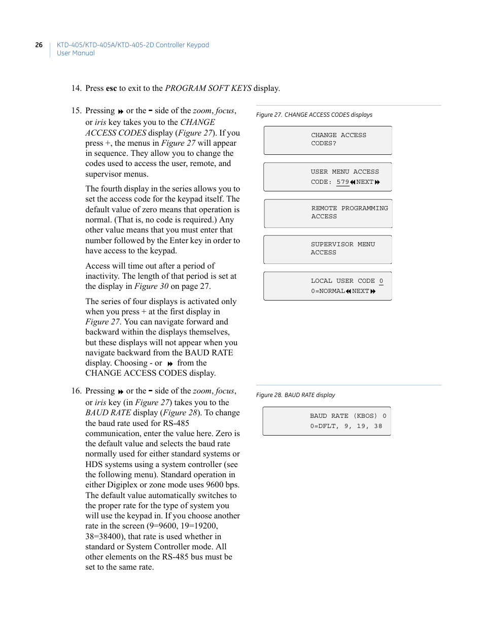 Figure 27. change access codes displays, Figure 28. baud rate display | Interlogix KTD-405 Series User Manual User Manual | Page 30 / 76