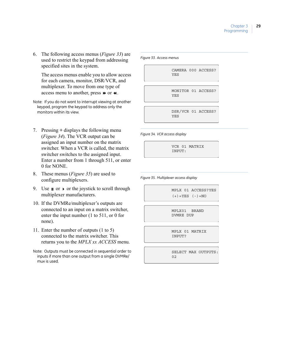 Figure 33. access menus, Figure 34. vcr access display, Figure 35. multiplexer access display | Interlogix KTD-405 Series User Manual User Manual | Page 33 / 76
