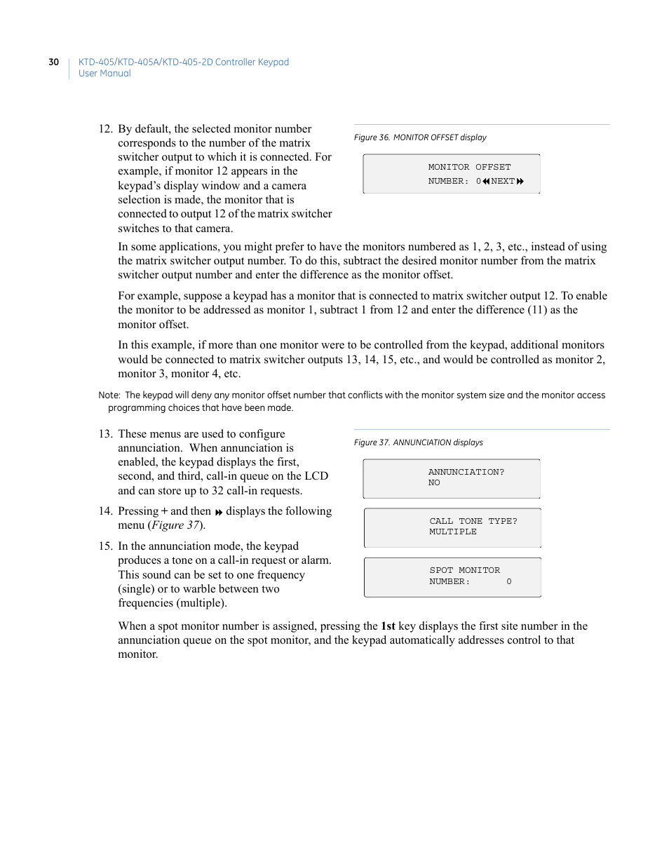 Figure 36. monitor offset display, Figure 37. annunciation displays | Interlogix KTD-405 Series User Manual User Manual | Page 34 / 76