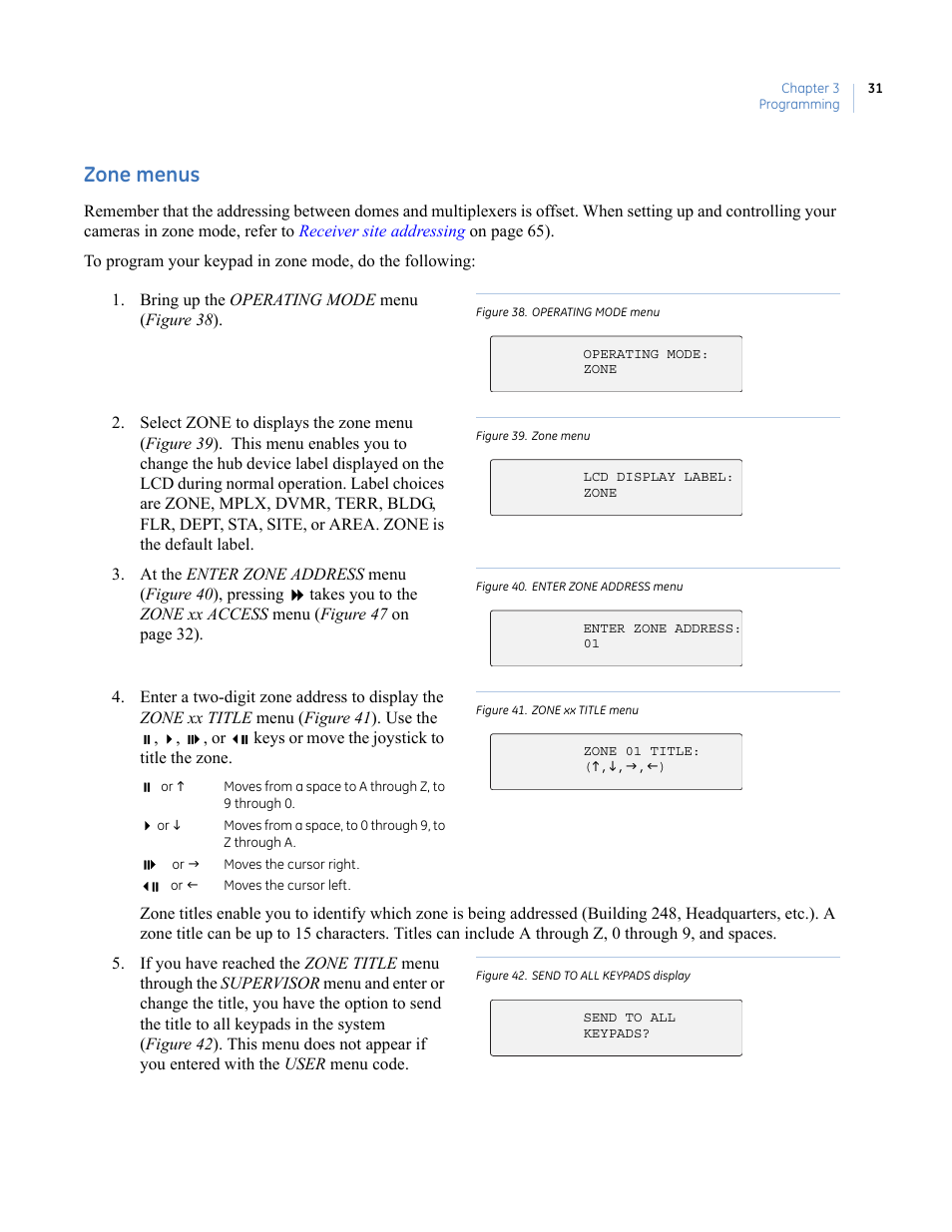 Zone menus, Figure 38. operating mode menu, Figure 39. zone menu | Figure 40. enter zone address menu, Figure 41. zone xx title menu, Figure 42. send to all keypads display | Interlogix KTD-405 Series User Manual User Manual | Page 35 / 76