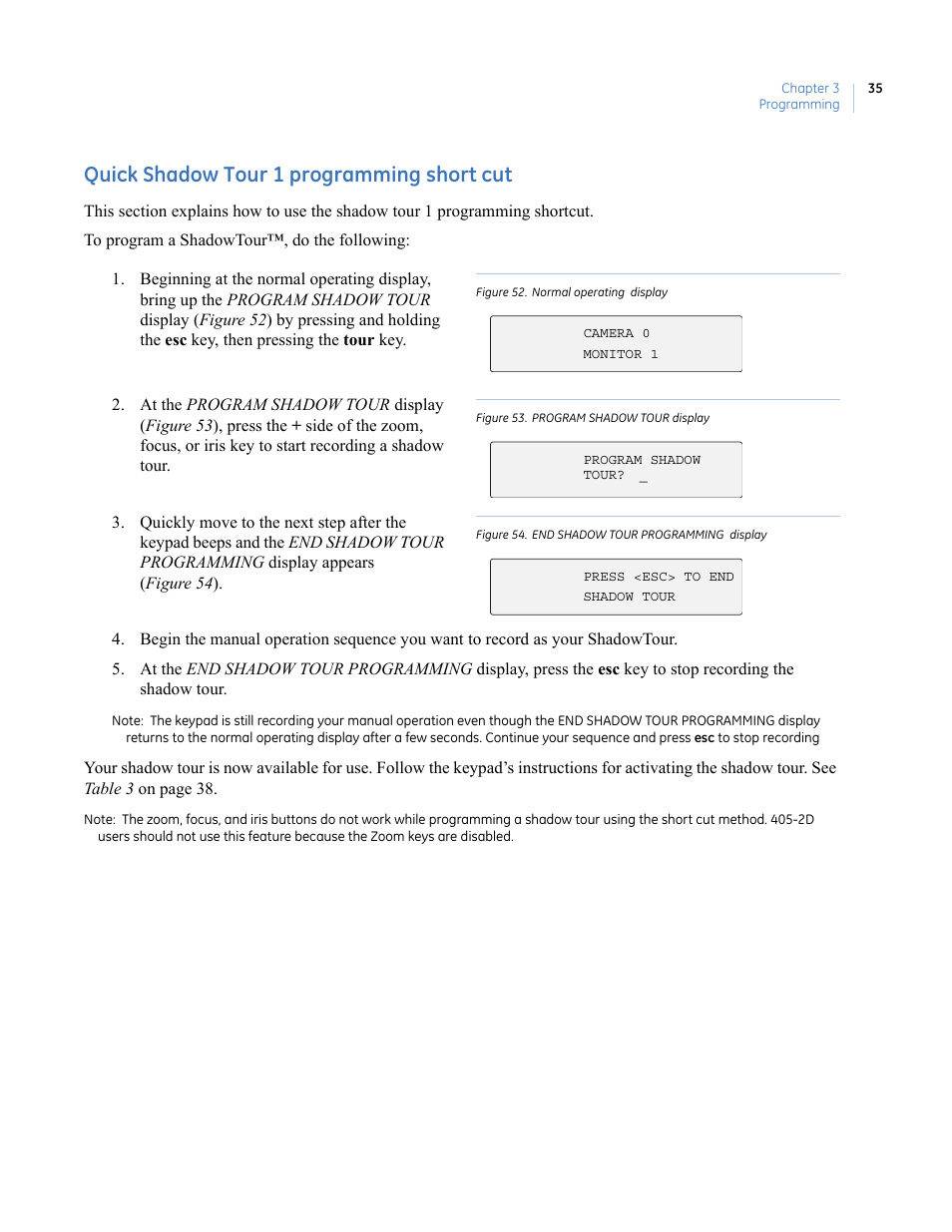 Quick shadow tour 1 programming short cut, Figure 52. normal operating display, Figure 53. program shadow tour display | Figure 54. end shadow tour programming display | Interlogix KTD-405 Series User Manual User Manual | Page 39 / 76