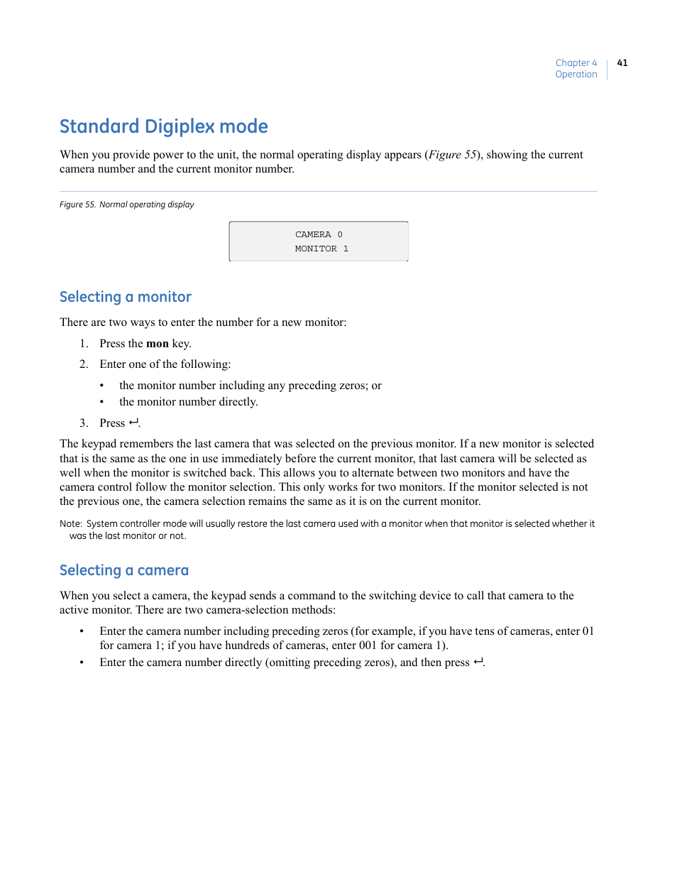 Standard digiplex mode, Figure 55. normal operating display, Selecting a monitor | Selecting a camera, Selecting a monitor selecting a camera | Interlogix KTD-405 Series User Manual User Manual | Page 45 / 76