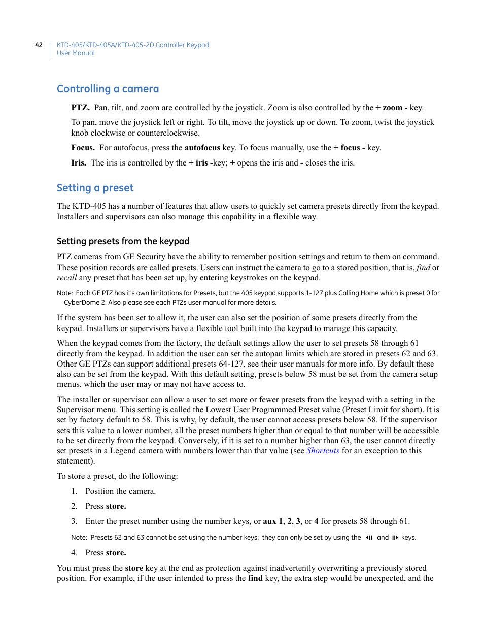 Controlling a camera, Setting a preset, Controlling a camera setting a preset | Interlogix KTD-405 Series User Manual User Manual | Page 46 / 76