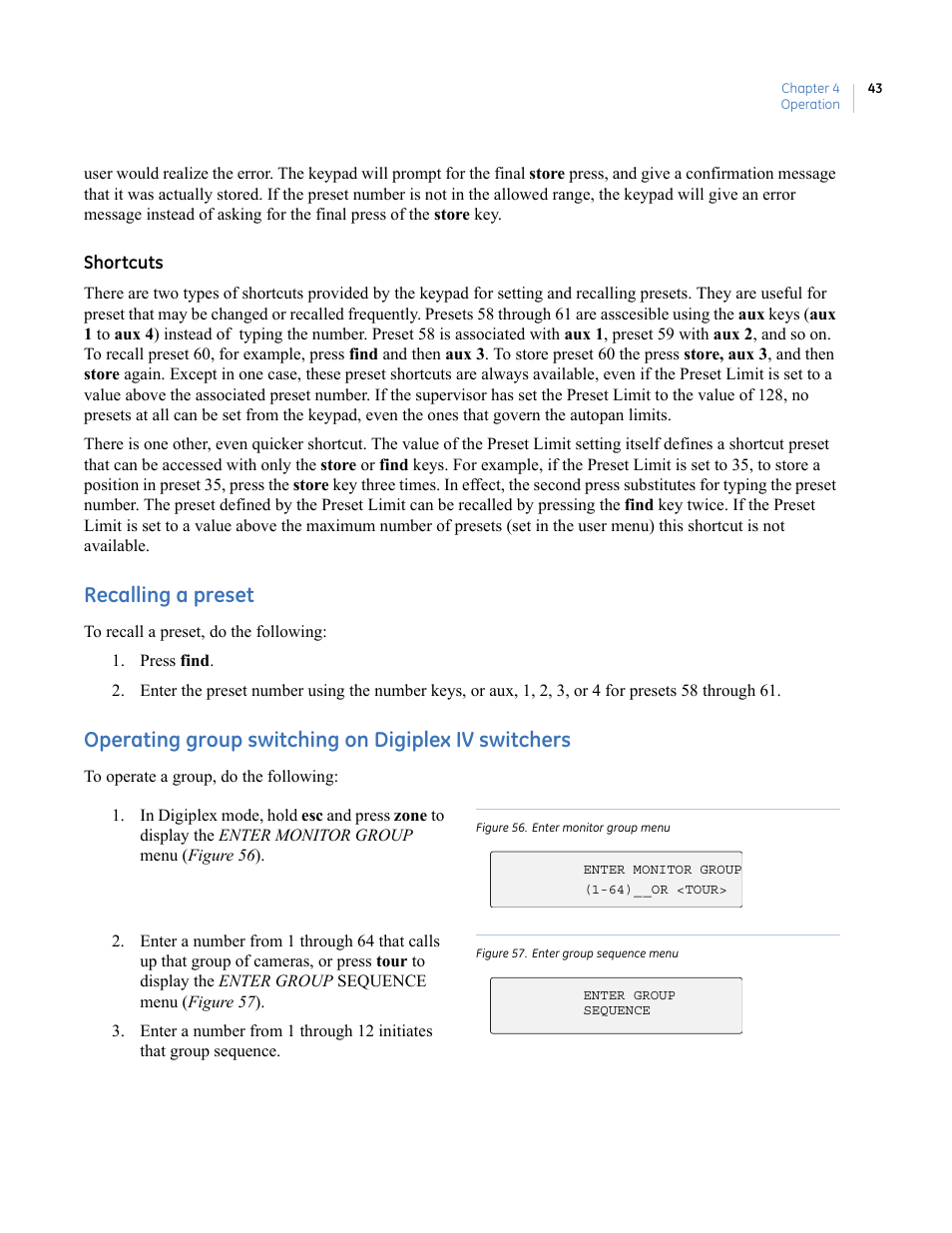 Recalling a preset, Operating group switching on digiplex iv switchers, Figure 56. enter monitor group menu | Figure 57. enter group sequence menu | Interlogix KTD-405 Series User Manual User Manual | Page 47 / 76