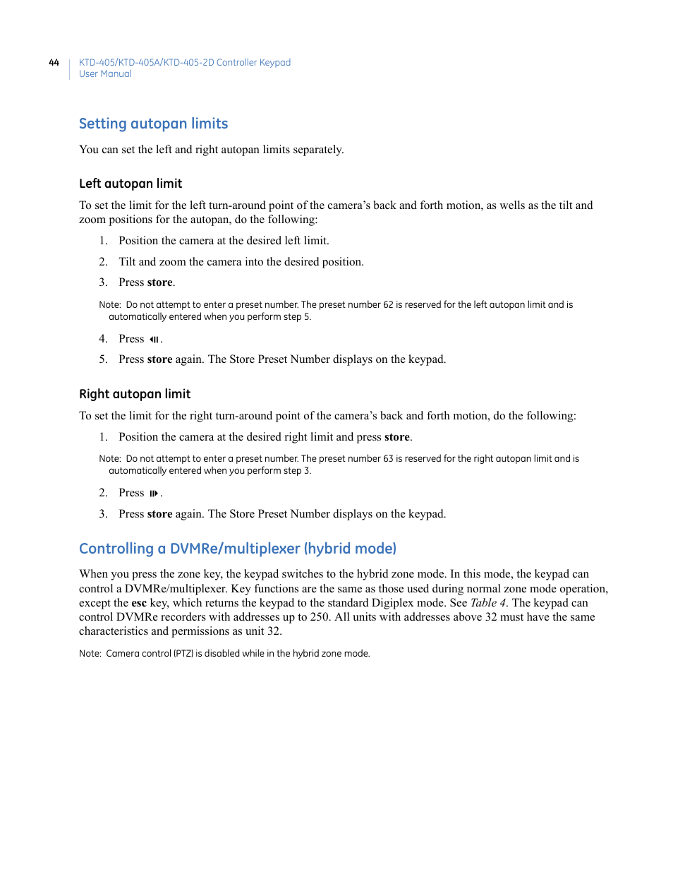 Setting autopan limits, Controlling a dvmre/multiplexer (hybrid mode) | Interlogix KTD-405 Series User Manual User Manual | Page 48 / 76