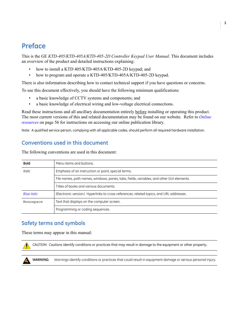 Preface, Conventions used in this document, Safety terms and symbols | Interlogix KTD-405 Series User Manual User Manual | Page 5 / 76