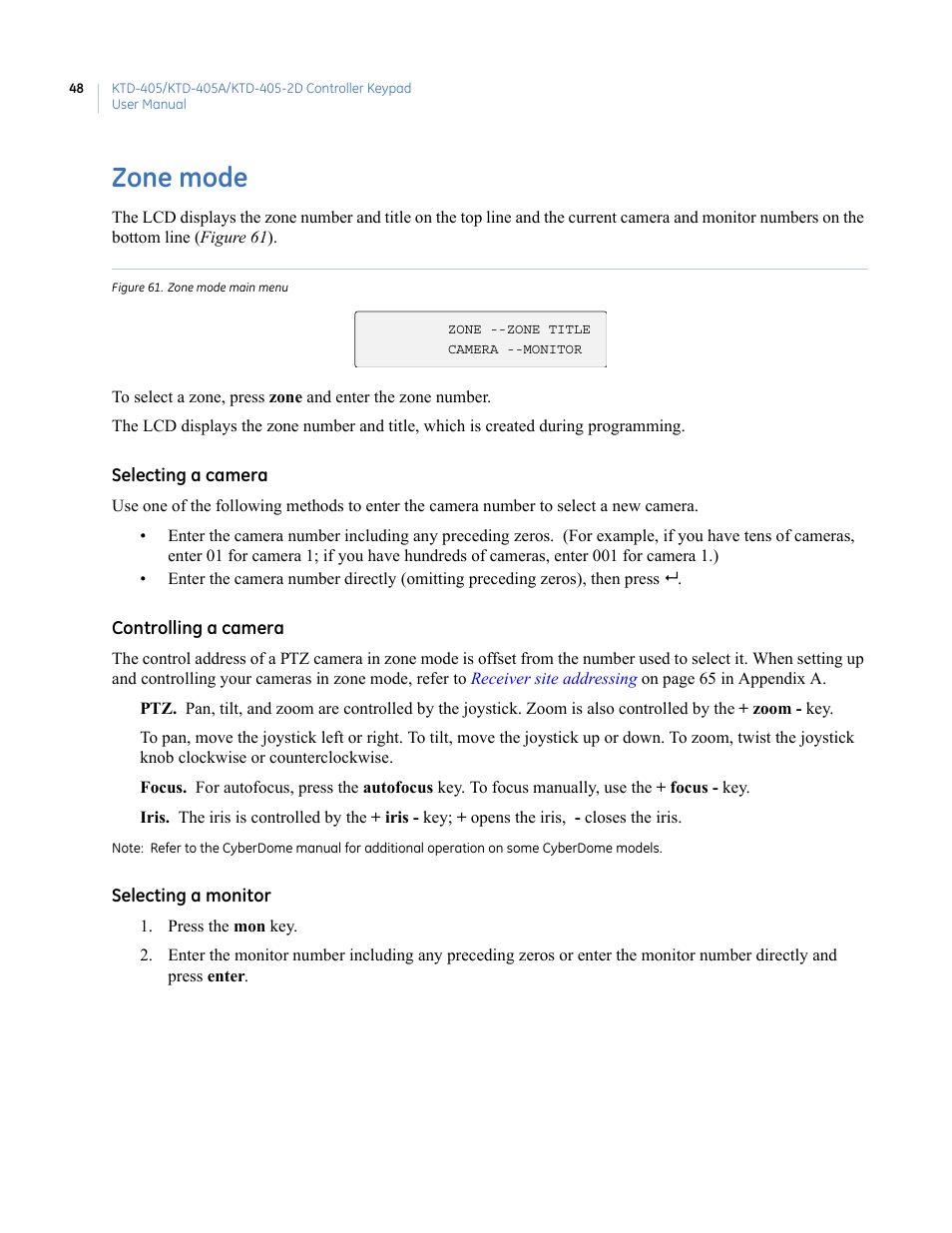 Zone mode, Figure 61. zone mode main menu | Interlogix KTD-405 Series User Manual User Manual | Page 52 / 76