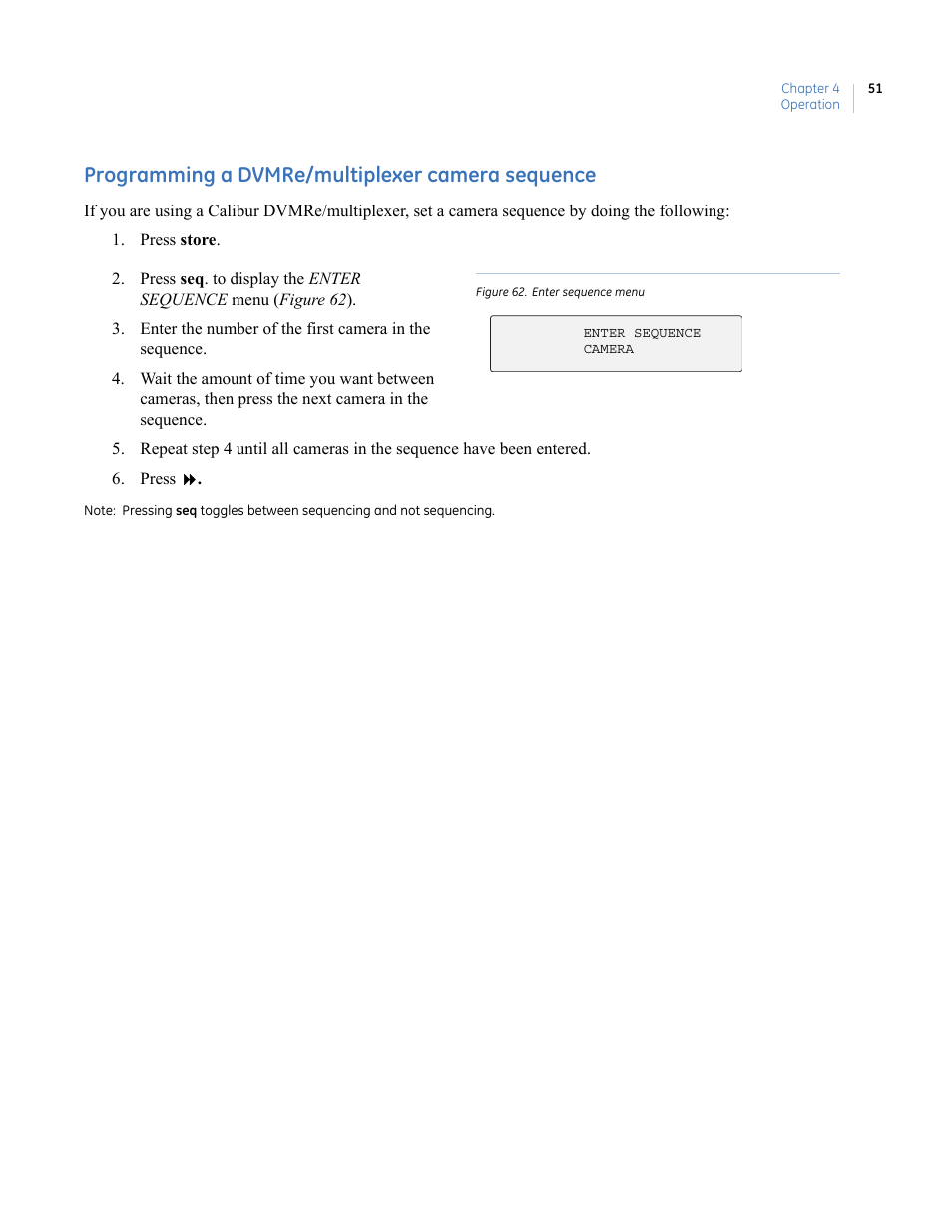 Programming a dvmre/multiplexer camera sequence, Figure 62. enter sequence menu | Interlogix KTD-405 Series User Manual User Manual | Page 55 / 76