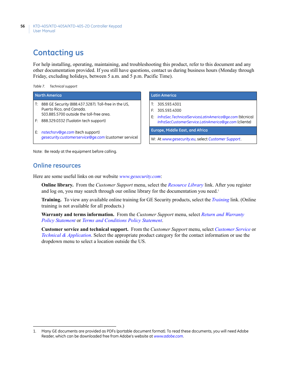 Contacting us, Table 7. technical support, Online resources | Online, Resources | Interlogix KTD-405 Series User Manual User Manual | Page 60 / 76