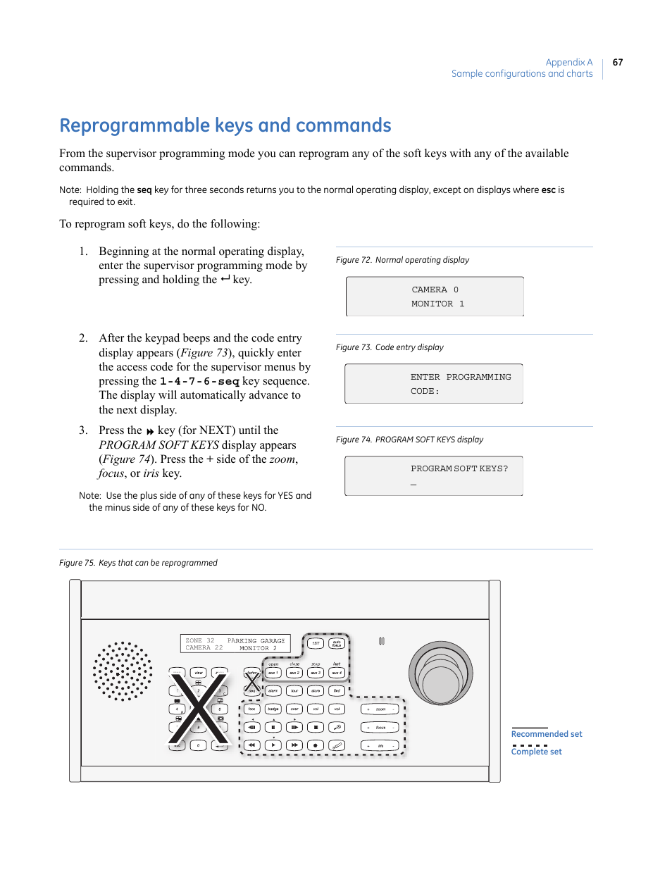 Reprogrammable keys and commands, Figure 72. normal operating display, Figure 73. code entry display | Figure 74. program soft keys display, Figure 75. keys that can be reprogrammed, Reprogrammable keys, And commands | Interlogix KTD-405 Series User Manual User Manual | Page 71 / 76