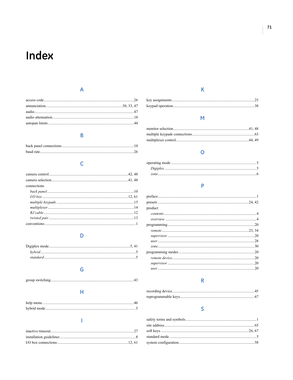 Index | Interlogix KTD-405 Series User Manual User Manual | Page 75 / 76