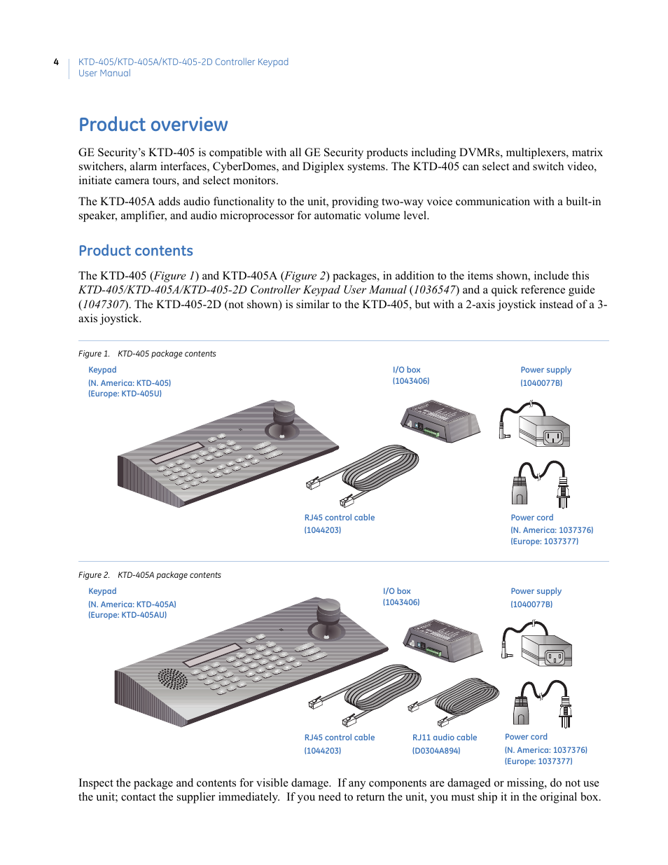 Product overview, Product contents, Figure 1. ktd-405 package contents | Figure 2. ktd-405a package contents | Interlogix KTD-405 Series User Manual User Manual | Page 8 / 76