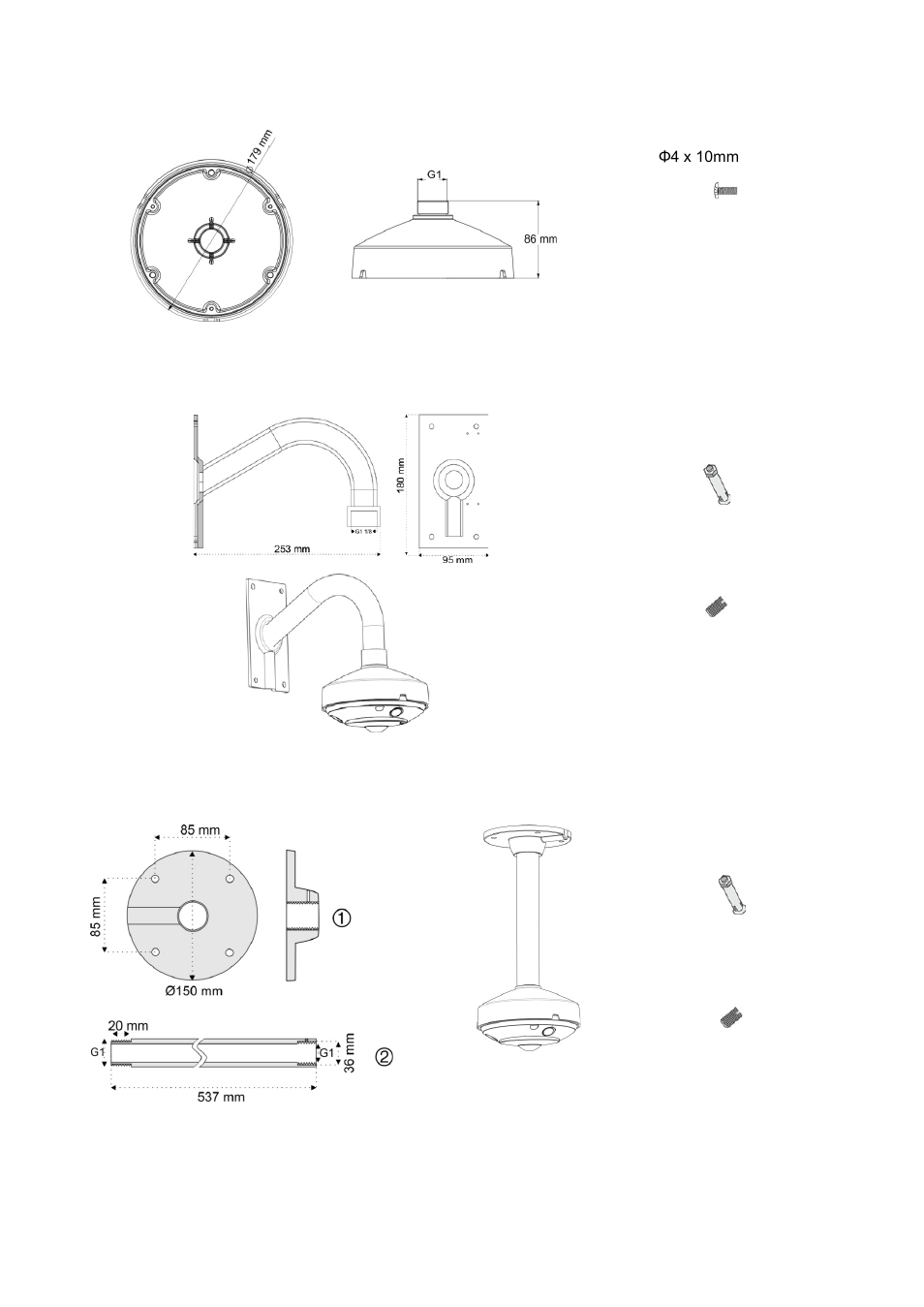 Truvision 360° camera cup base back box (tvf-cbm), Truvision dome swan neck bracket (tvd-snb), Truvision dome pendant mount bracket (tvd-ppb) | Interlogix TruVision 360° User Manual | Page 5 / 12