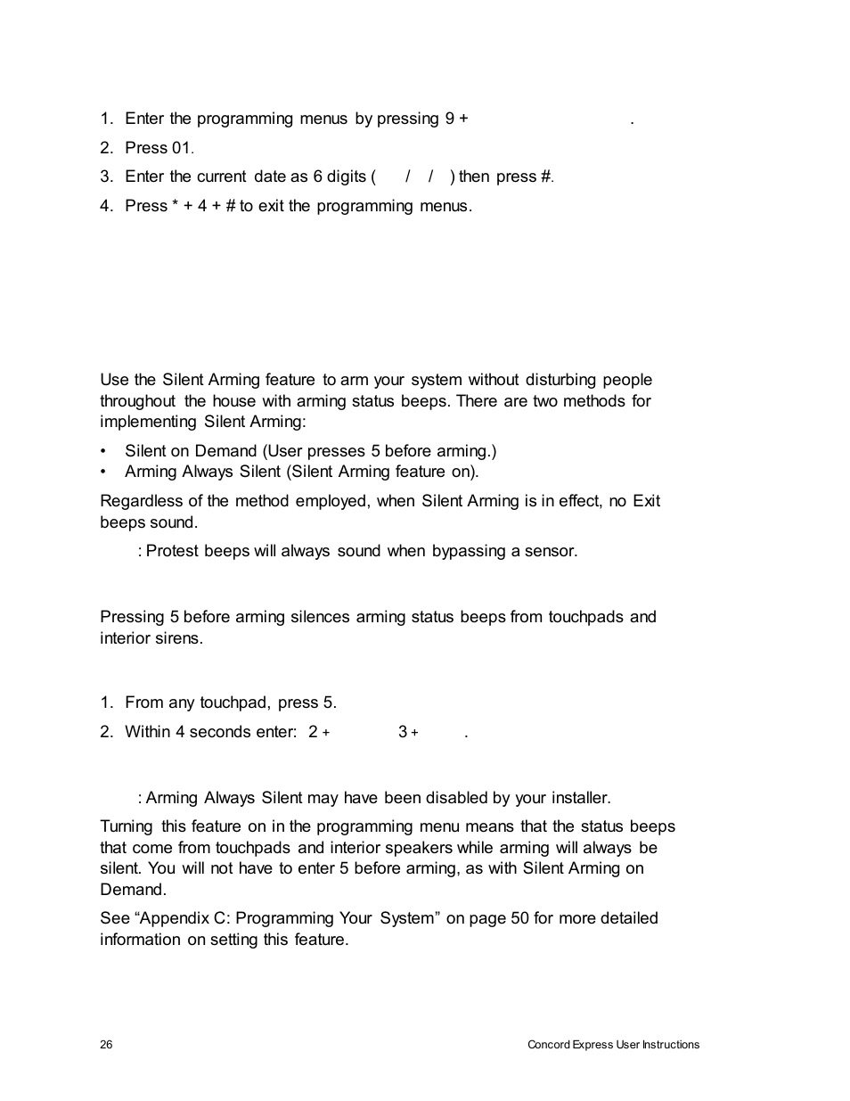 Adjusting system sounds and touchpad brightness, Arming your system silently | Interlogix Concord Express User Manual User Manual | Page 32 / 62