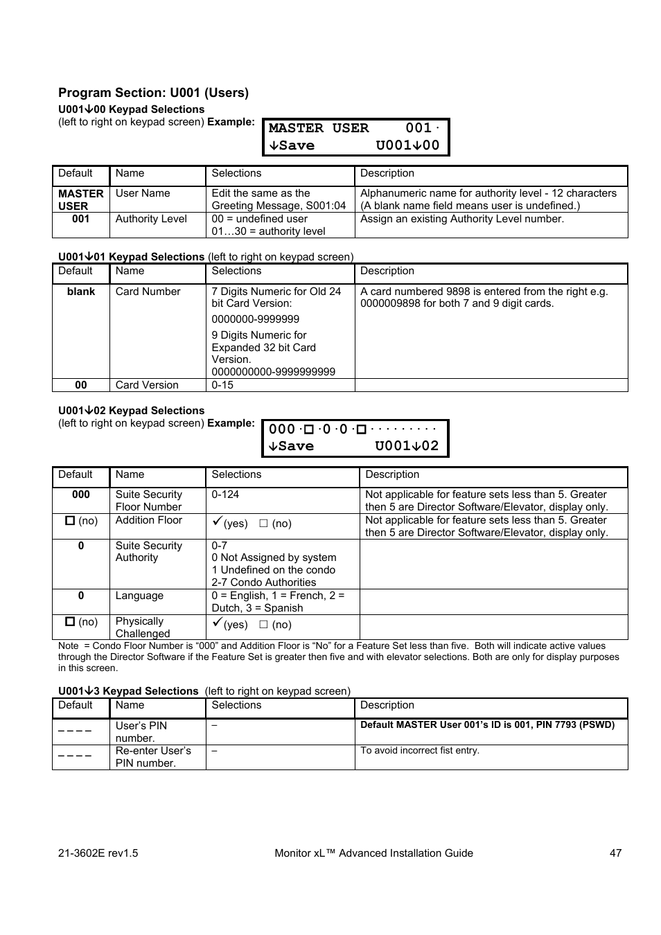 Master user 001, Save u001 | Interlogix Monitor XL Advanced Installation Guide User Manual | Page 53 / 76