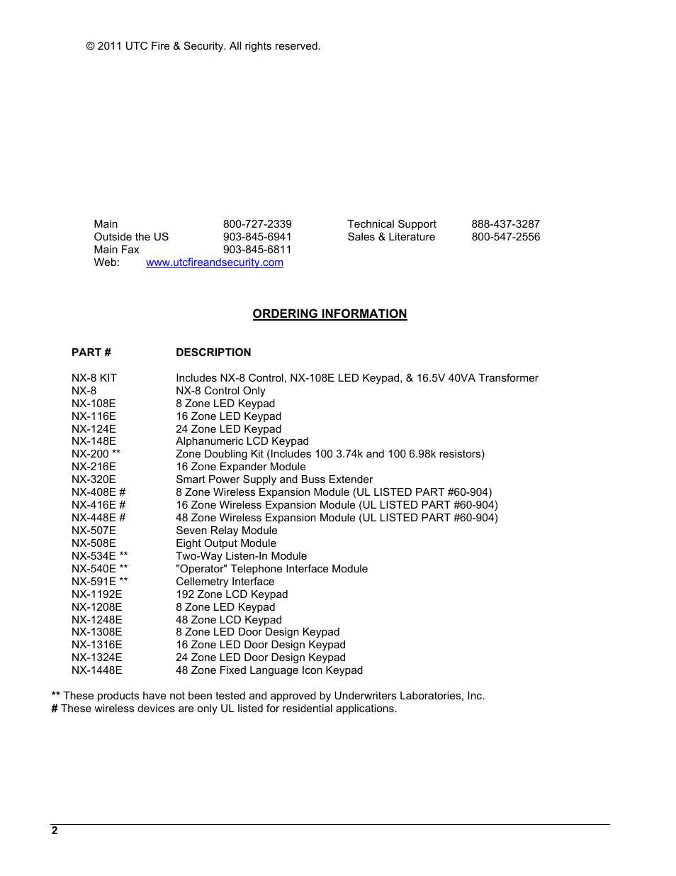 Part # description | Interlogix NX-8 User Manual | Page 2 / 61