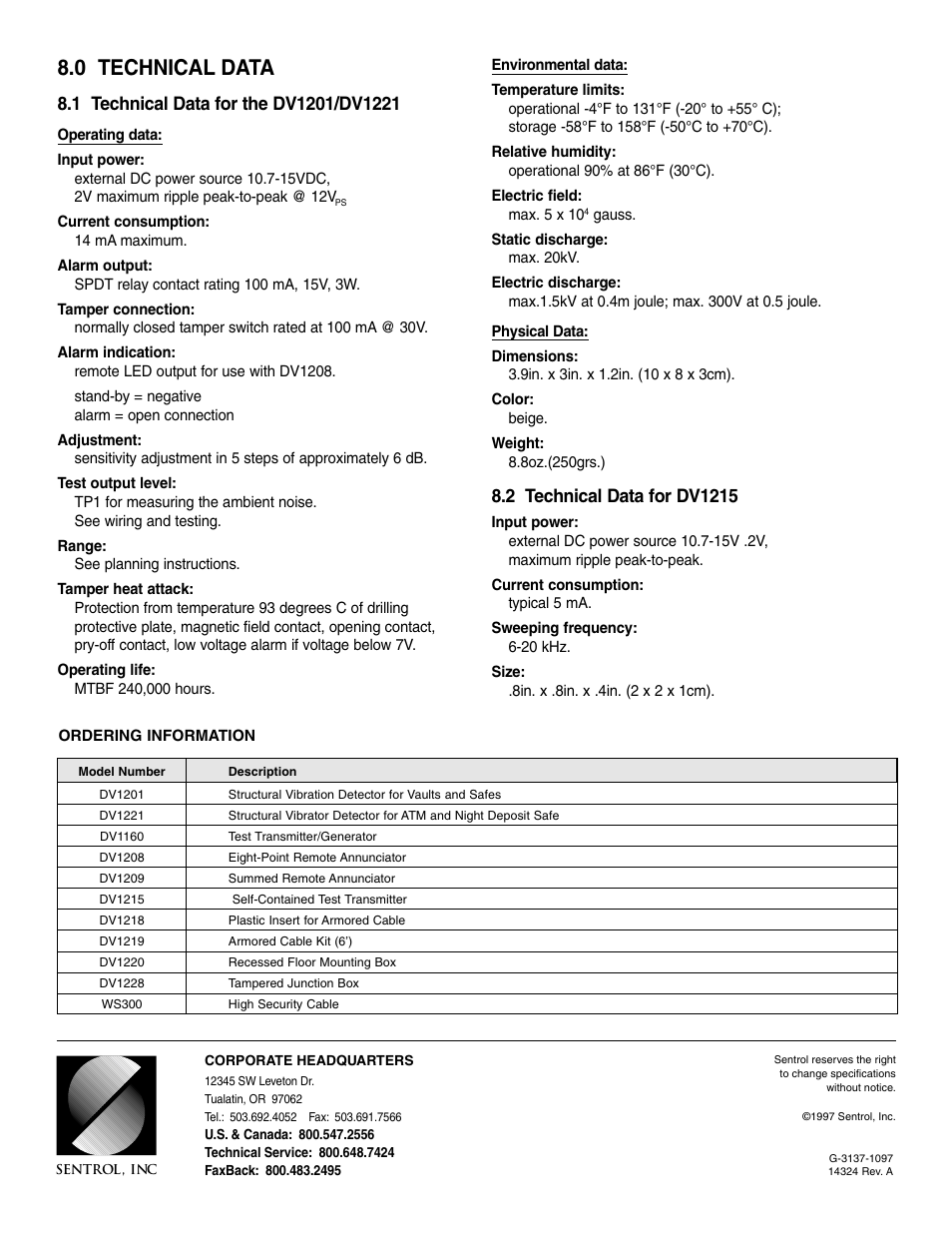 0 technical data | Interlogix DV1200 Series User Manual | Page 8 / 8