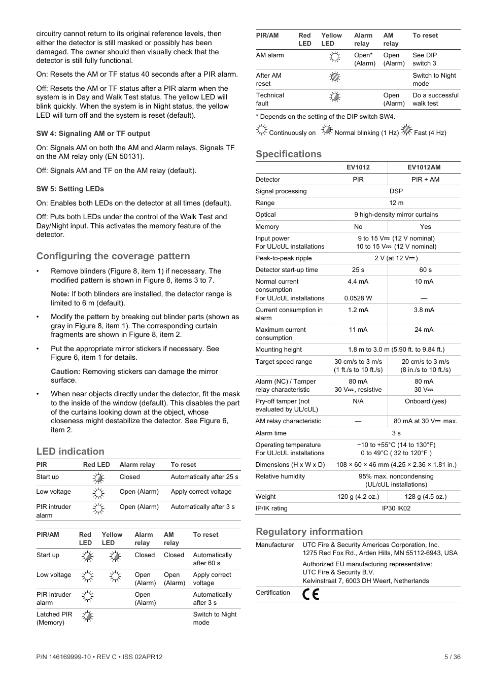 Configuring the coverage pattern, Led indication, Specifications | Regulatory information, Ted. see “led indication | Interlogix EV1012 User Manual | Page 5 / 36