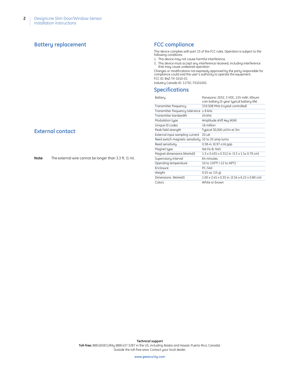 Battery replacement, External contact, Fcc compliance | Specifications | Interlogix DesignLine Slim Door User Manual | Page 2 / 2