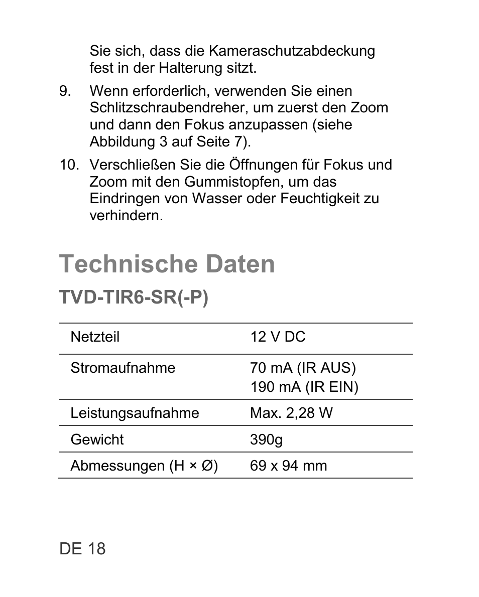 Technische daten, Tvd-tir6-sr(-p) | Interlogix TVD-TIR6 User Manual | Page 20 / 76