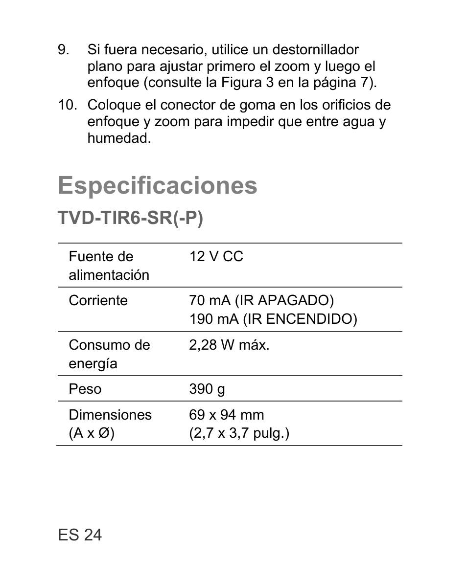 Especificaciones, Tvd-tir6-sr(-p) | Interlogix TVD-TIR6 User Manual | Page 26 / 76