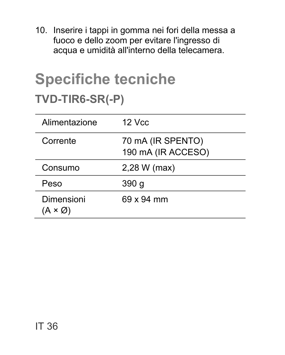 Specifiche tecniche, Tvd-tir6-sr(-p) | Interlogix TVD-TIR6 User Manual | Page 38 / 76