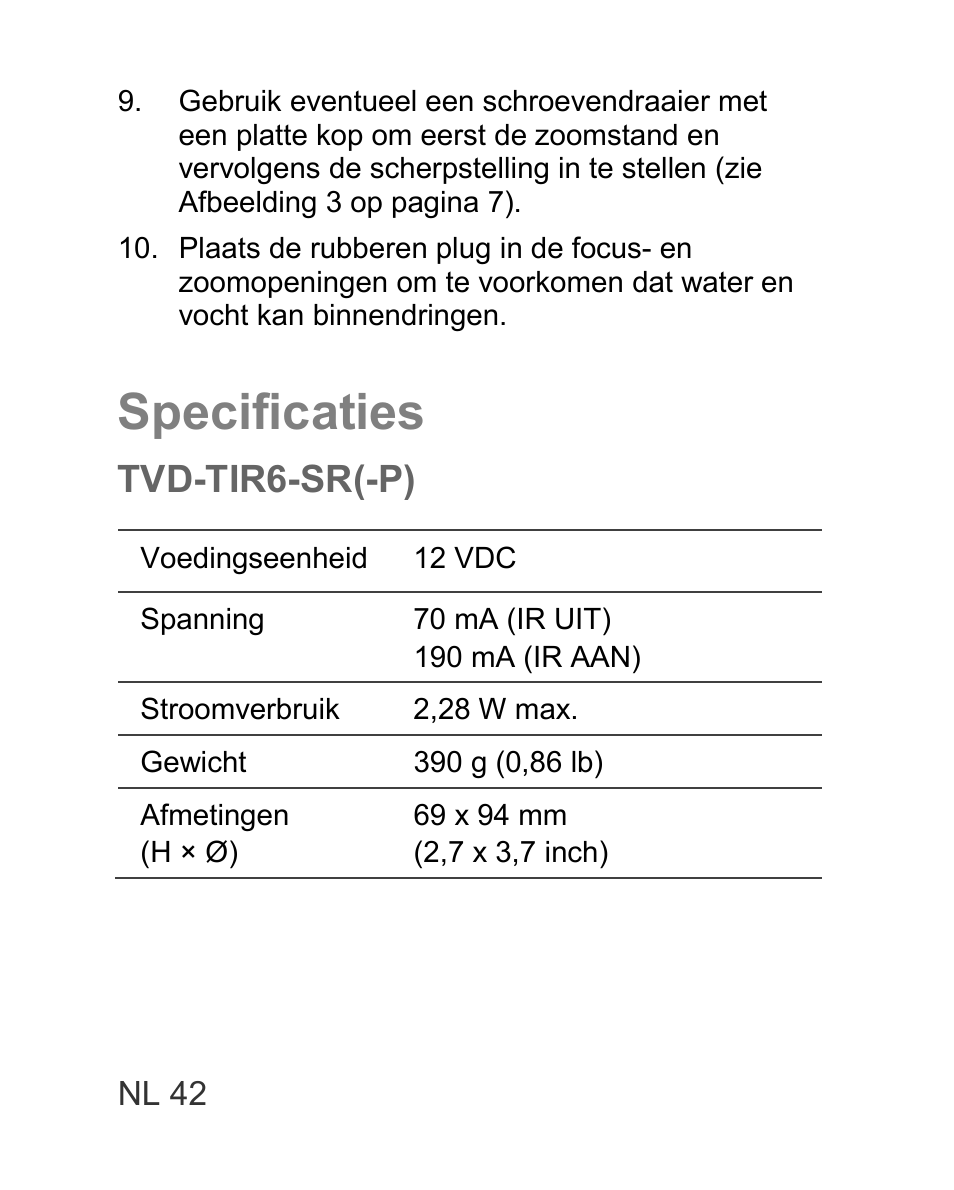Specificaties, Tvd-tir6-sr(-p) | Interlogix TVD-TIR6 User Manual | Page 44 / 76