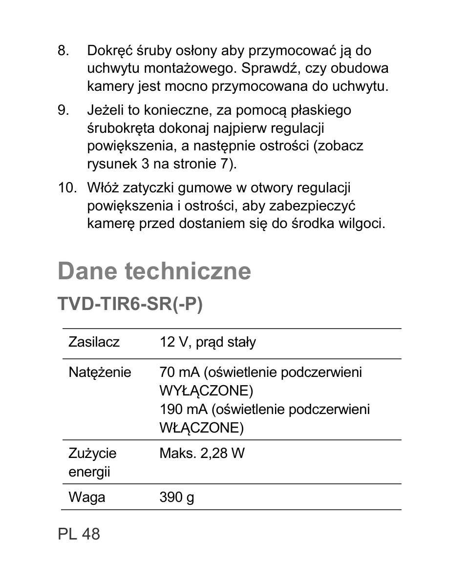 Dane techniczne, Tvd-tir6-sr(-p) | Interlogix TVD-TIR6 User Manual | Page 50 / 76