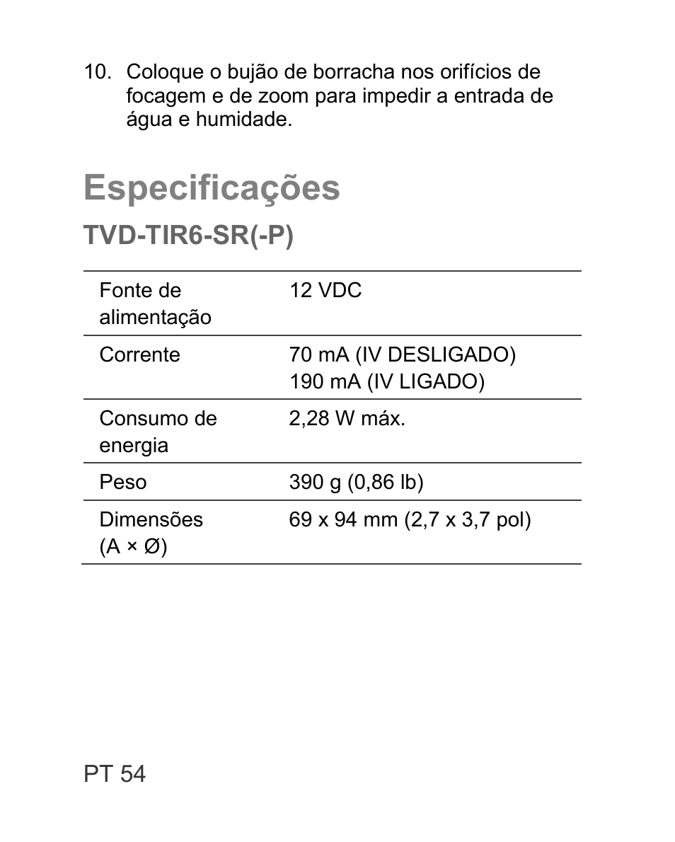 Especificações, Tvd-tir6-sr(-p) | Interlogix TVD-TIR6 User Manual | Page 56 / 76