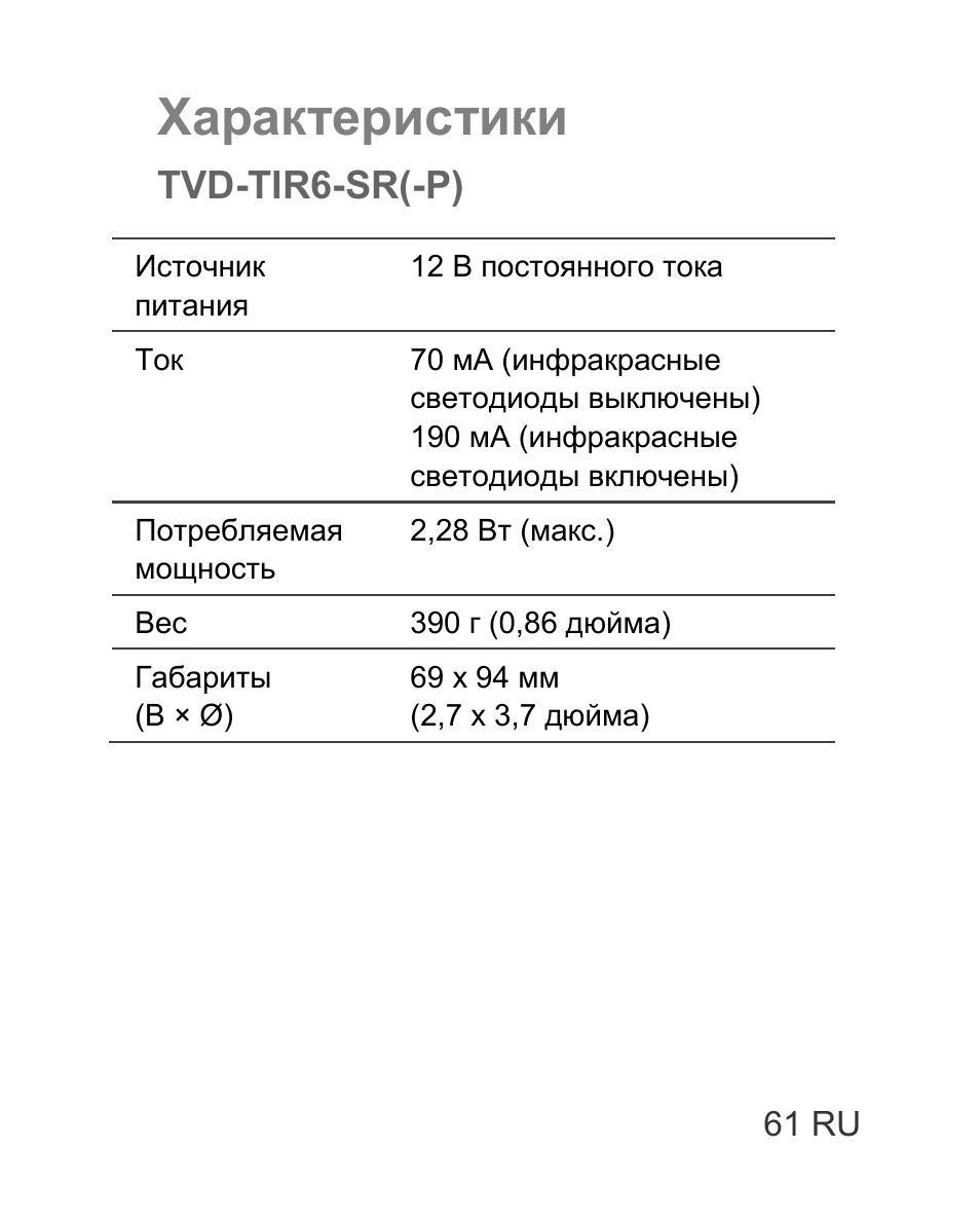 Характеристики, Tvd-tir6-sr(-p) | Interlogix TVD-TIR6 User Manual | Page 63 / 76