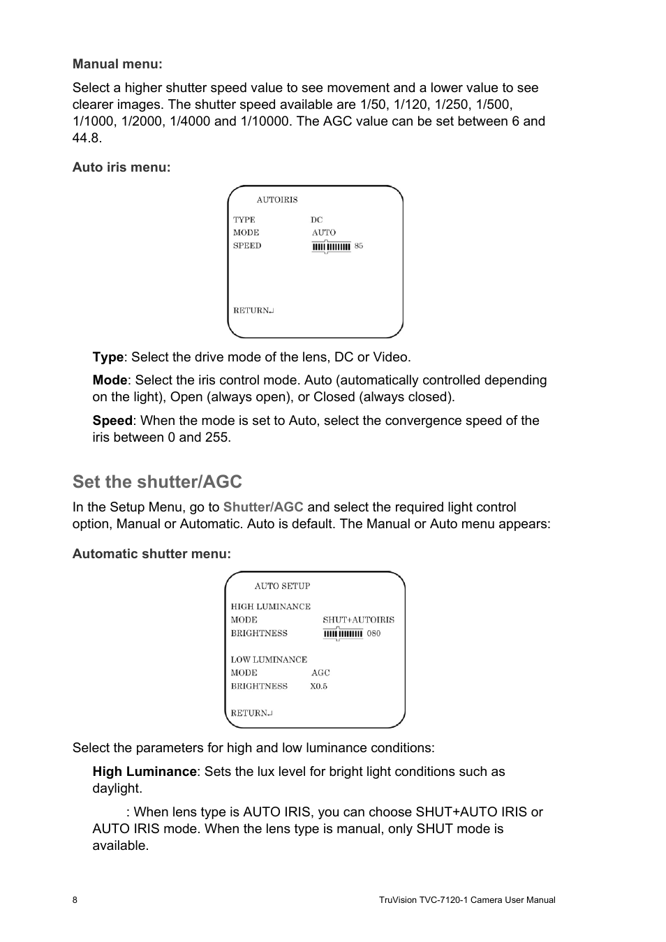 Set the shutter/agc | Interlogix TVC-7120-1 User Manual User Manual | Page 10 / 19