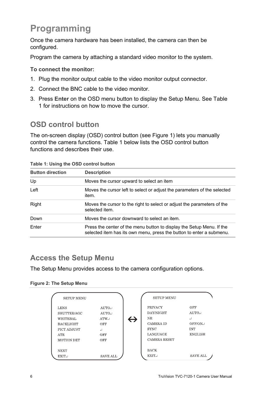 Programming, Osd control button, Access the setup menu | Interlogix TVC-7120-1 User Manual User Manual | Page 8 / 19