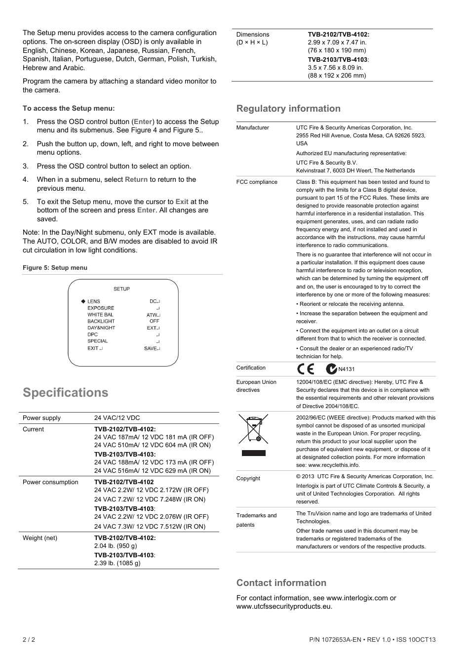 Specifications, Regulatory information, Contact information | Interlogix TVB 4103 User Manual | Page 2 / 2